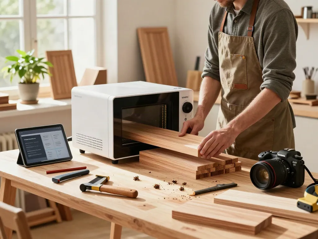 SHASHEL® microwave equipment in use for wood-boring insect elimination in a home workshop.