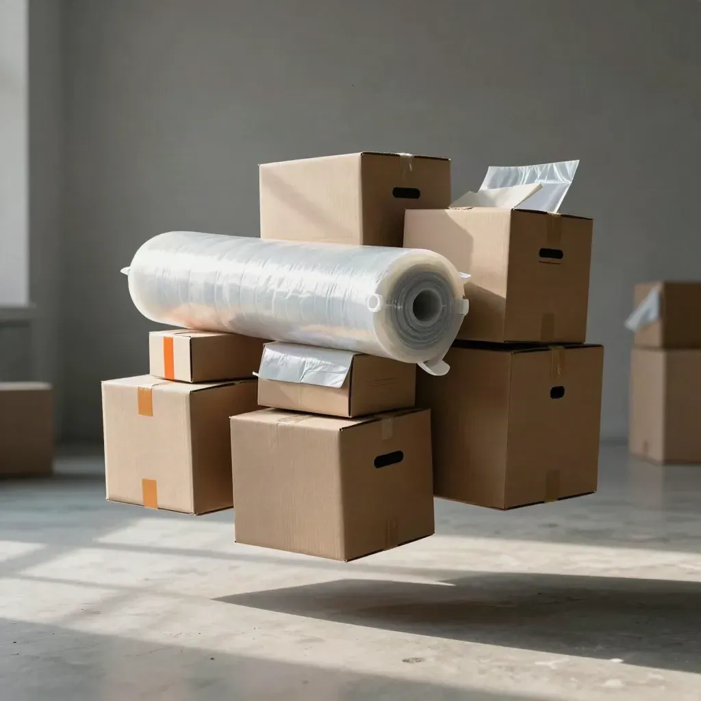 Floating apartment move kit with boxes, mattress bag, wrap rolls, and corner guards on concrete.