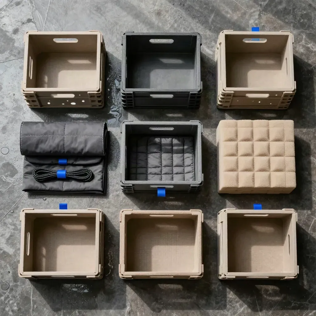 Overhead office move kit on wet stone with crates, wraps, sleeves, and blankets.