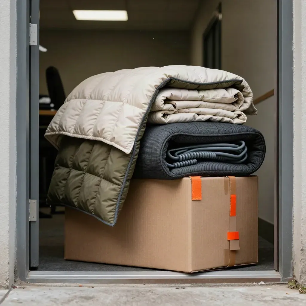 Low-angle doorway macro of moving wraps, cable loops, sleeves and slim boxes in dusty light.