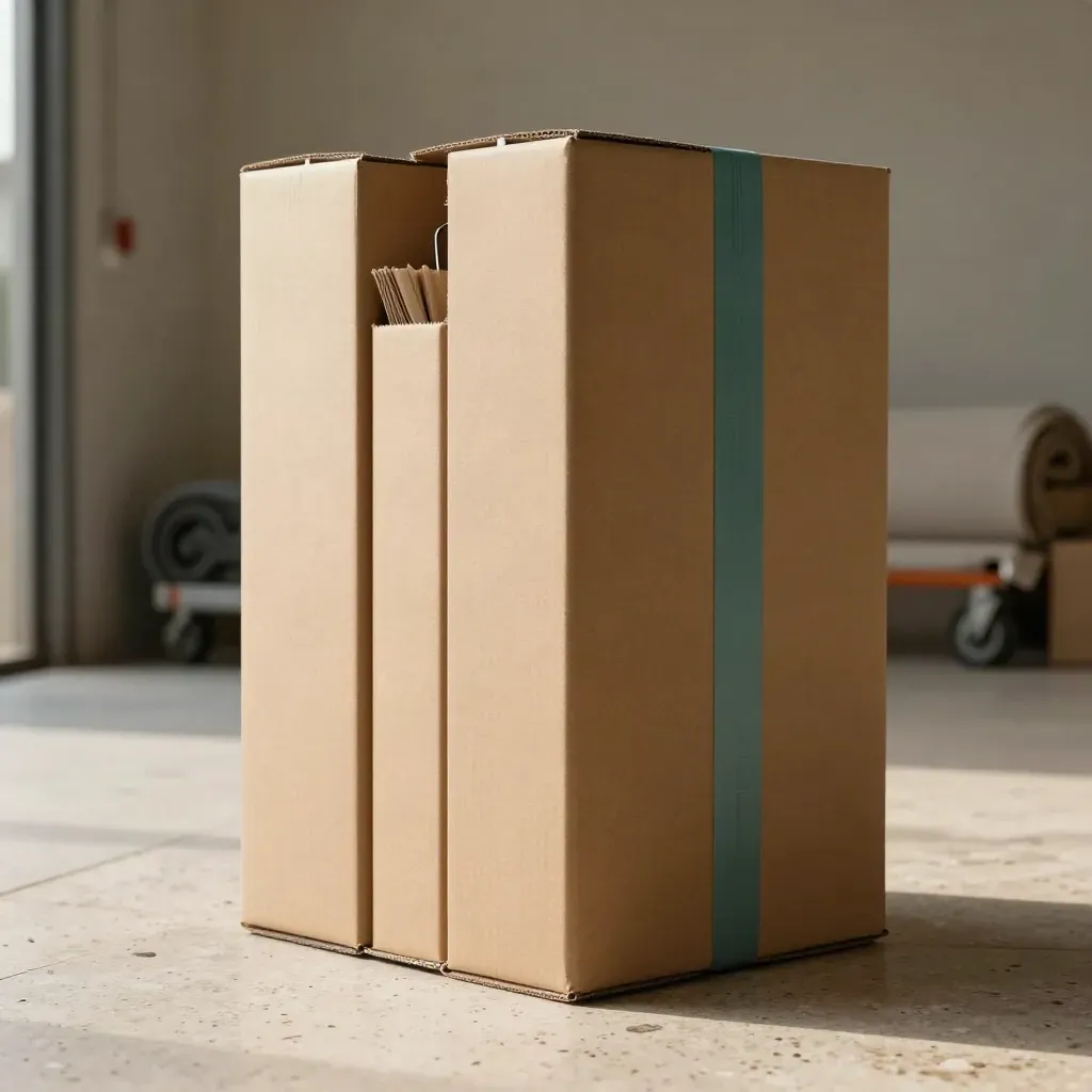 Three wardrobe moving boxes nested on travertine, with a teal strap and soft loading-bay haze.