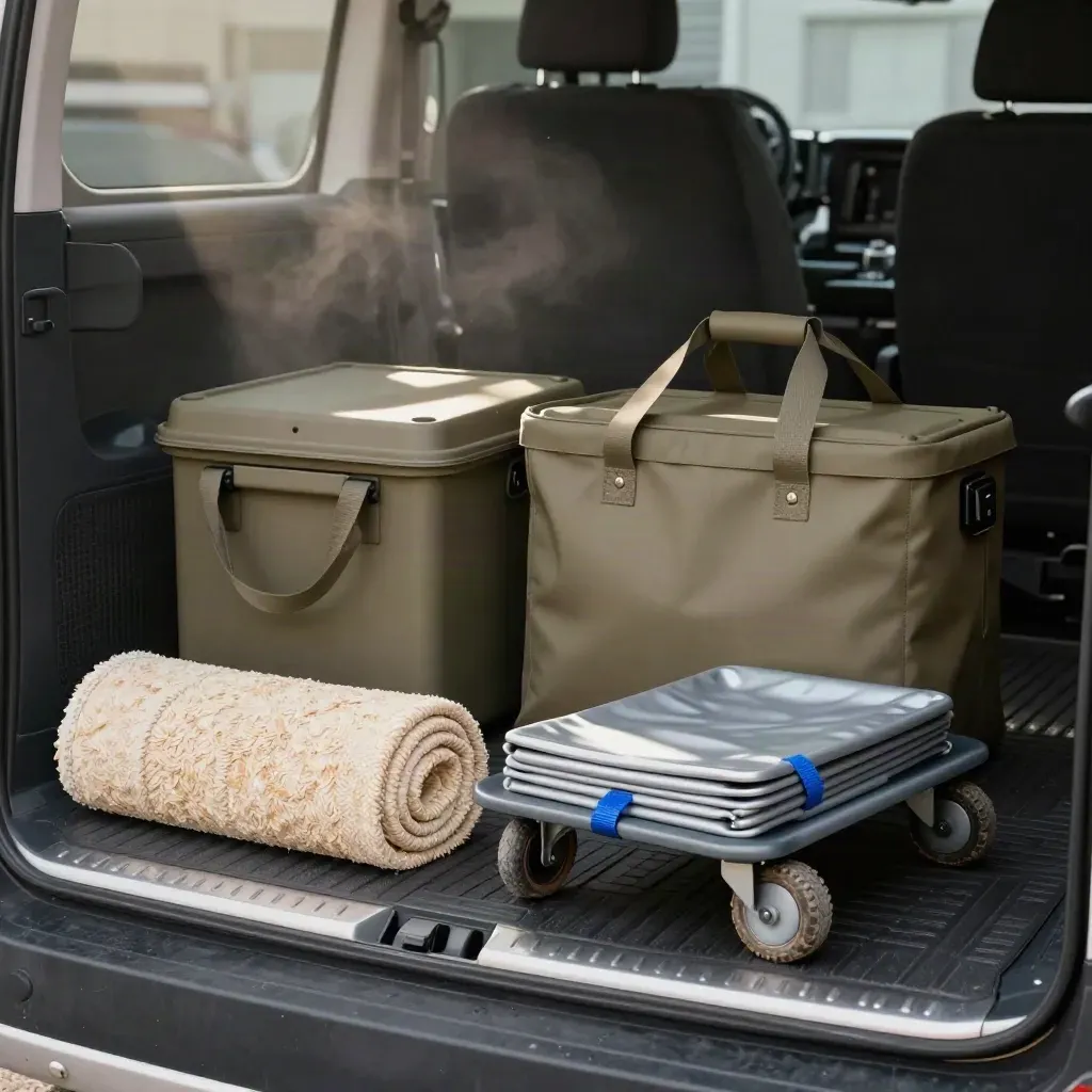 Two storage totes, a rolled blanket and a dolly staged in a van cargo bay with misty light