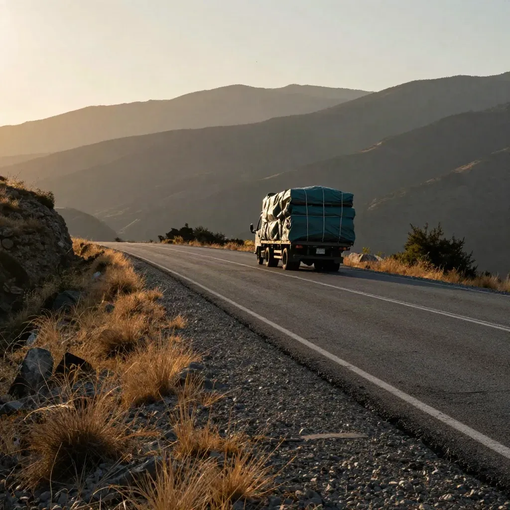 Golden mountain pass turnout with a parked truck silhouette, cargo stacks, and open road in warm haze.